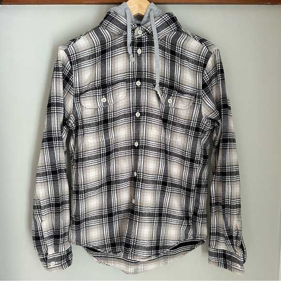 American Eagle Flannel Sherpa Hoodie Cream Black Soft Size S - Picture 2 of 12